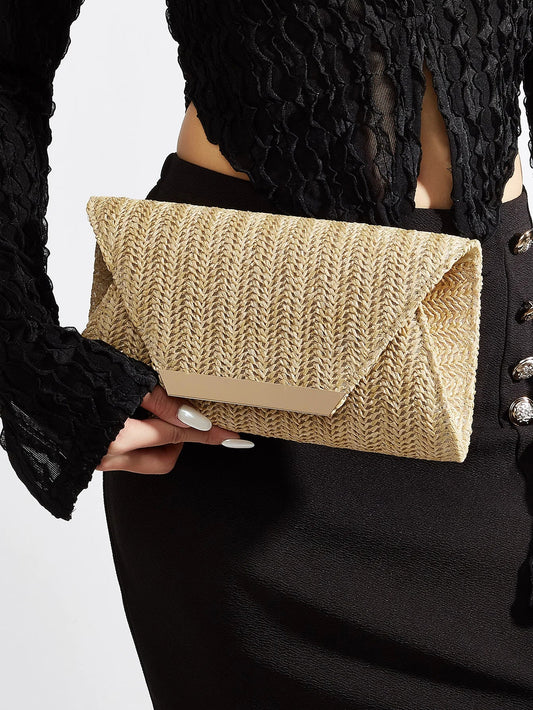 Women's Woven Clutch Bag, Beige, Solid Color, Summer, Holiday, Beach, Vacation Essential, Vacation Season, Versatile Business Commuter Women's Crossbody Bag, Casual, Simple, Beach
