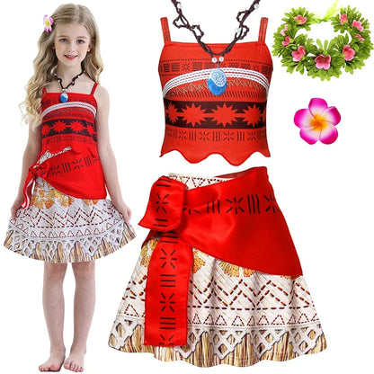 New Dress Girls Princess Clothes Kids Dress Up Vaiana Necklace Pig Chick Children Carnival Party Summer Costume Set 2-10T