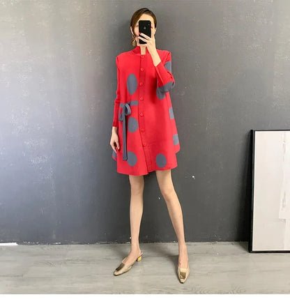 Miyake Pleated Dot Printing Dress 2025 Autumn Single Breasted Plus Size Drawstring Elegant Streetwear Festival Women Clothing