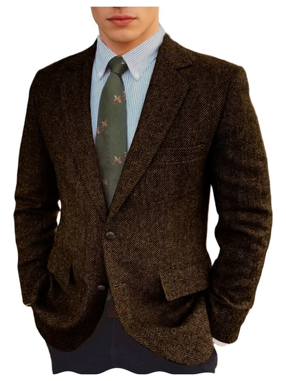 Men's Grey Herringbone Tweed Blazer Classic-Fit Notched Lapel Casual Jacket Slim Fit Business Wedding Suit Coat Plus Size