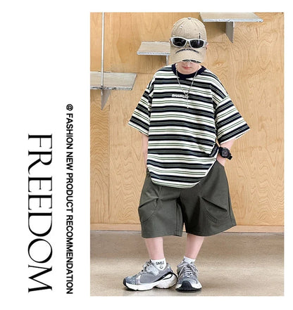 Korean Kids Striped Summer Suit for Boys Top and Bottom Set Children Cotton Short Sleeve T-shirt and Cargo Shorts Clothes Set
