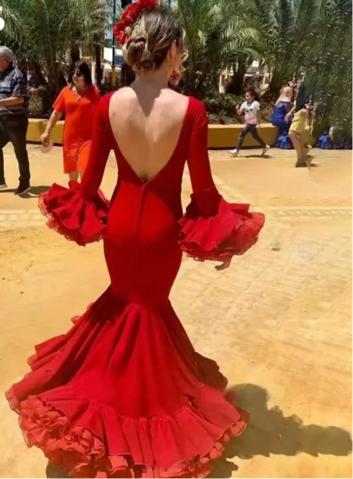 Vibrantly Red Party Dress Stunning Boat - Neck Mermaid Prom Dresses Dramatically Ruffled - Sleeve Evening Dress Customized