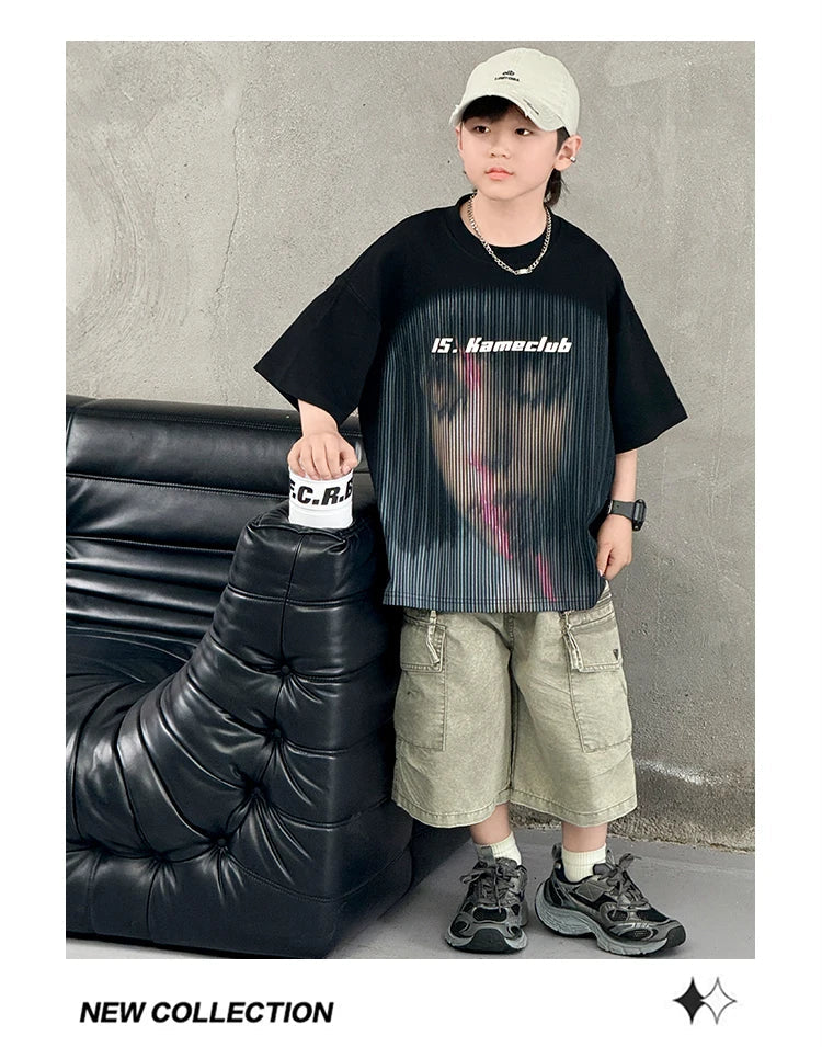 New Summer Korean Children Fashion Suit for Teen Boy Cotton Top And Bottom Set Kids Casual Tshirt Shorts 2PCS Clothing Set 7-16Y