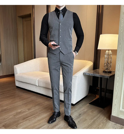 ( Vest + Pants) Men Luxury High Quality Business Suit Vest 2 pieces Formal Groom Wedding Dress Vest Set Fashion Club Clothing