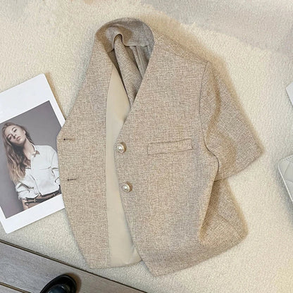 Light Coffee Short Sleeve Small Suit Jacket Female Thin 2025 Summer New Temperament Ladies Short Jacket Casual Women Blazer Tops