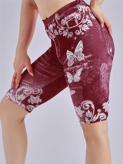 Lmitation Denim Leggings For Women Butterfly Waist Fruit Flower Elastic Shorts High Waist Casual