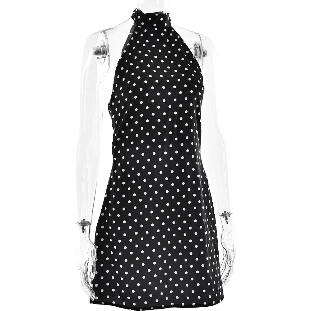 Woman Clothes Halter Sleeveless Polka Dot Satin Short Dress 2026 Summer Sexy Bandage Backless Mini Evening Party Dresses