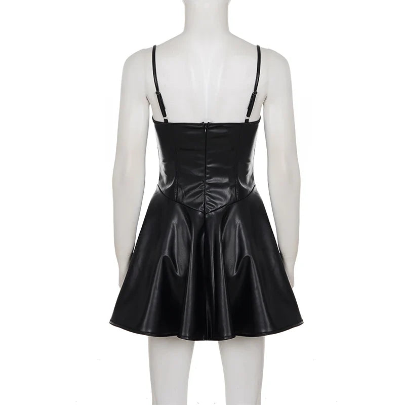 Sexy Black Pu Leather A Line Dress Women's Spaghetti Strap Sleeveless Party Club Dress Elegant Outfits Coquette 2026