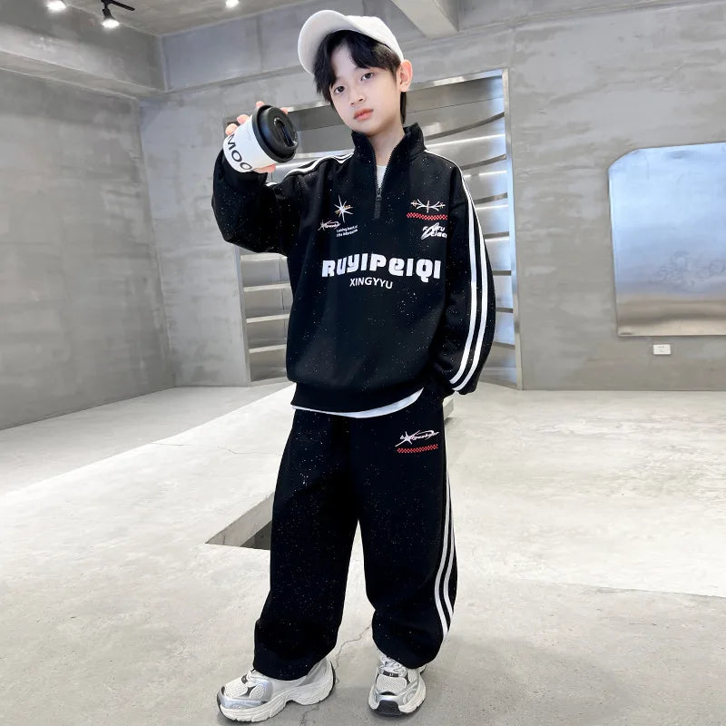 Spring Autumn Boys Striped Half Zip Sweatshirt+Sweatpant Workout Sets School Kids Tracksuit Children Outfit Jogging Suit 5-16 Yr