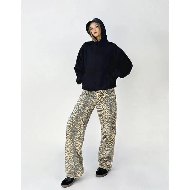 Vintage Leopard Print Jeans Women Spring Oversize Casual Hip Pop Wide Leg Trouser Trend High Waist Panther Denim Pants Ladies