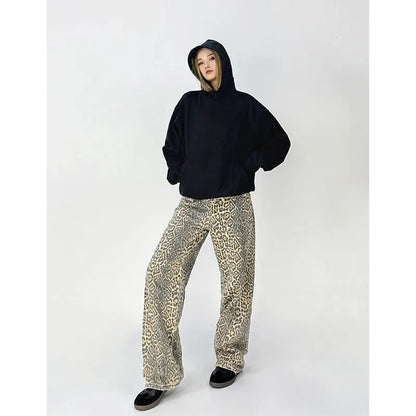 Vintage Leopard Print Jeans Women Spring Oversize Casual Hip Pop Wide Leg Trouser Trend High Waist Panther Denim Pants Ladies