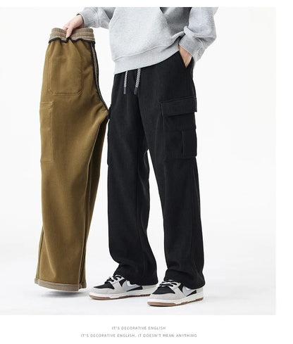 2026 New in Winter Corduroy Pants Men Straight Wide Leg Cargo Trouser Male Elastic Waist Loose Fit Thick Brown Warm Fleece Plush