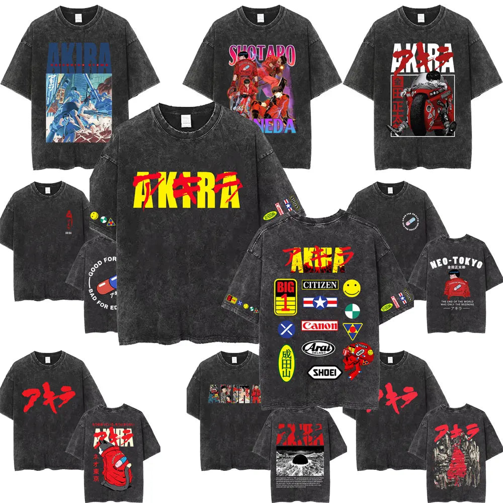Washed Vintage Anime Akira T Shirts Japanese Science Fiction Cartoon Movie Shotaro Kaneda T-shirt Men's Manga Oversized T-shirts