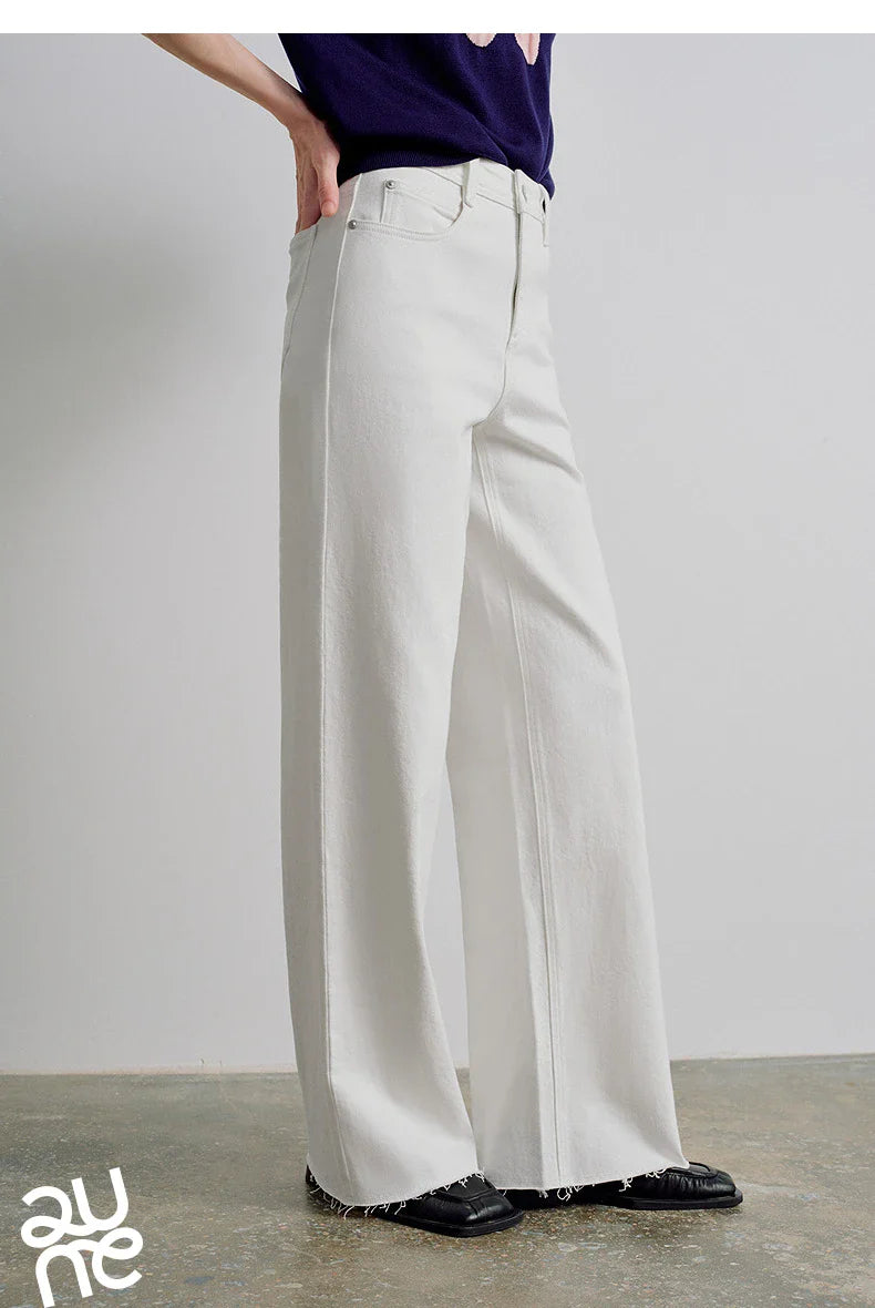 Women Jeans 2026 Spring New Black Label Lycra Stretchy White Frayed Cuff Loose Wide-Leg Pants