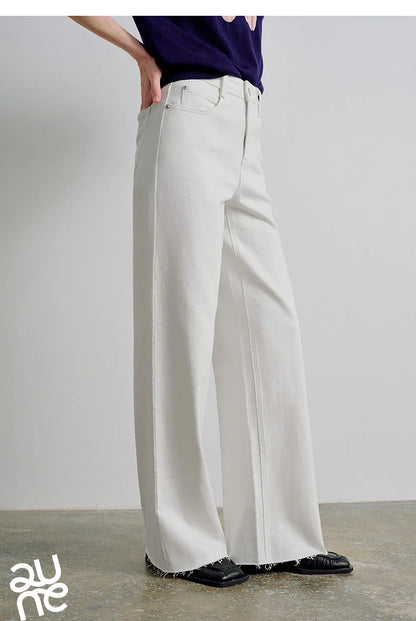 Women Jeans 2026 Spring New Black Label Lycra Stretchy White Frayed Cuff Loose Wide-Leg Pants