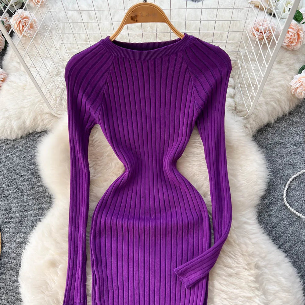 Winter Women Knit Maxi Dress O Neck Autumn Long Sleeve Slim Solid Harajuku Ladies Fashion Pencil Sweater Long Dresses