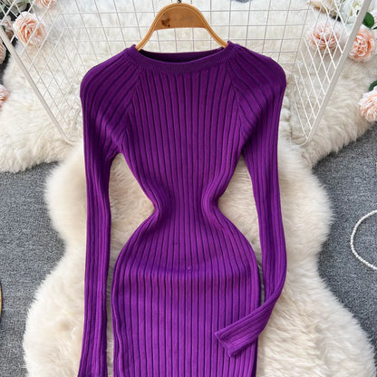 Winter Women Knit Maxi Dress O Neck Autumn Long Sleeve Slim Solid Harajuku Ladies Fashion Pencil Sweater Long Dresses