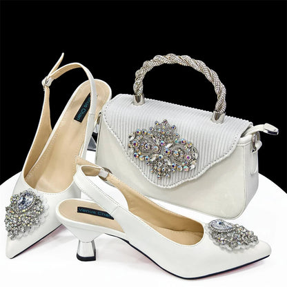 2024 Latest Wedding Pointed Toe Women's Shoes High Heel White Color Rhinestones Party Ladies Shoes And Bag Set
