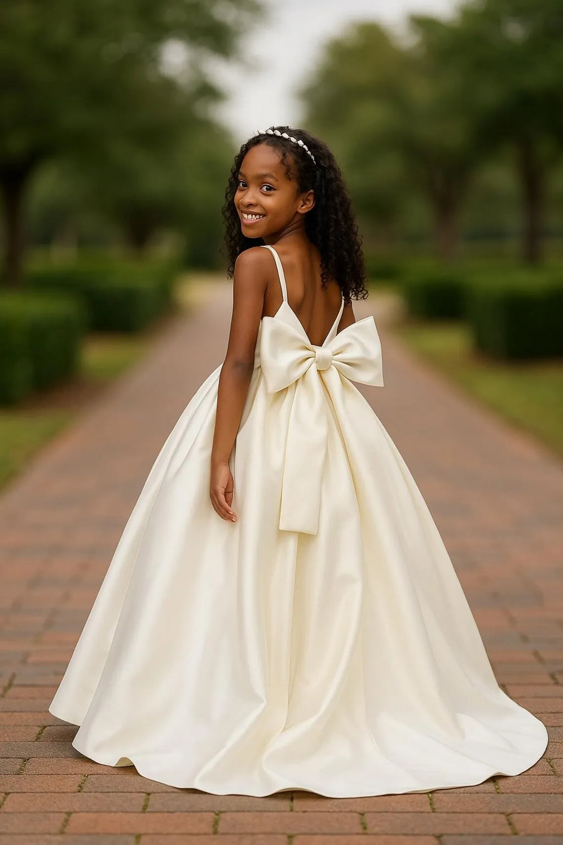 Long Ivory Satin Flower Girl Dresses for Wedding Bow Party Birthday Princess Dress Junior Bridesmaid First Holy Communion Gowns