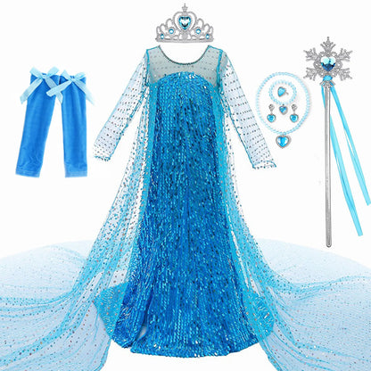 Halloween Elsa Dress Kids Cosplay Costumes Sequined Mesh Ball Gown Carnival Party Frozen Prom Gown Princess Dress for Girl