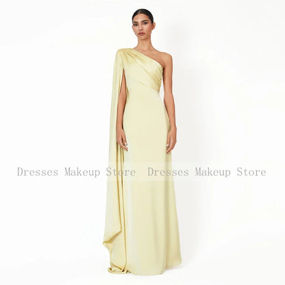 Customized Light Yellow Evening Dress One Shoulder Draped Mermaid Evening Gowns for Women Sleeveless Elegant Wedding Party Gown