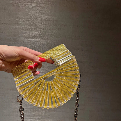 Women's Half-Moon Evening Bag Luxury Designer Rhinestone clutch bag Fan Shape Golden Party Bag Mini Sparkling Wedding Purse