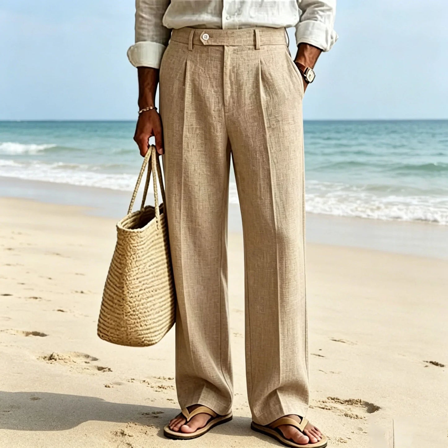 Men's Linen Beige Pants Straight Leg Trousers High Waist Pleated Lightweight Breathable Cool Summer Casual For Beach Vacation
