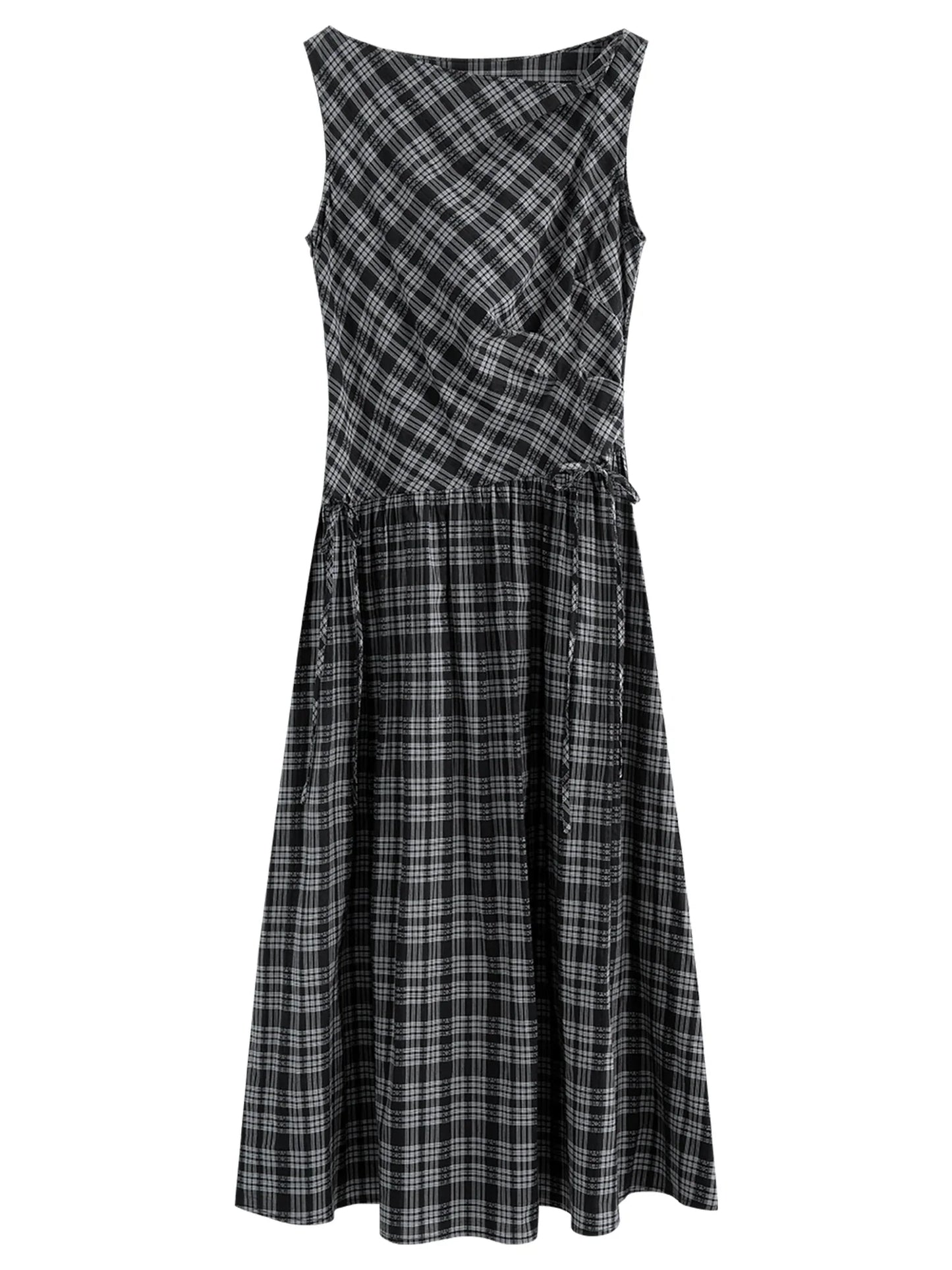 2026 Summer Women One Shoulder Asymmetrical Sleeveless Dress Plaid Check Midi Dress for Rebellious Prep & Vacation Style