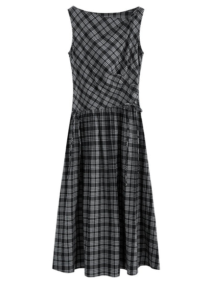 2026 Summer Women One Shoulder Asymmetrical Sleeveless Dress Plaid Check Midi Dress for Rebellious Prep & Vacation Style