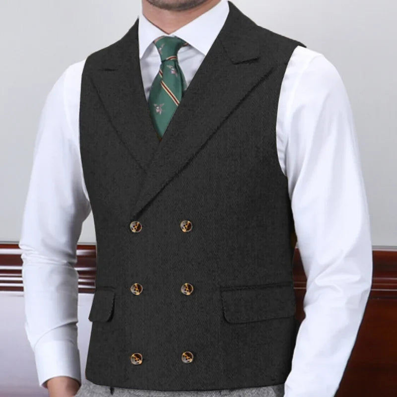 Men Vest Gray Herringbone With Lapel Double Button Waistcoat For Wedding Business Banquet Work Daily Casual Men Suit Vest