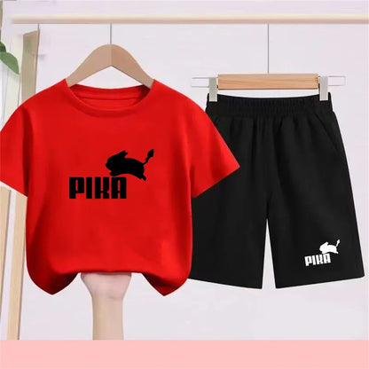 Summer Rabbit Graphics Boys Black Girls Pink Age 3-12 Tee+Shorts Suit Children Short Sleeve T-shirts Child  Casual Clothes
