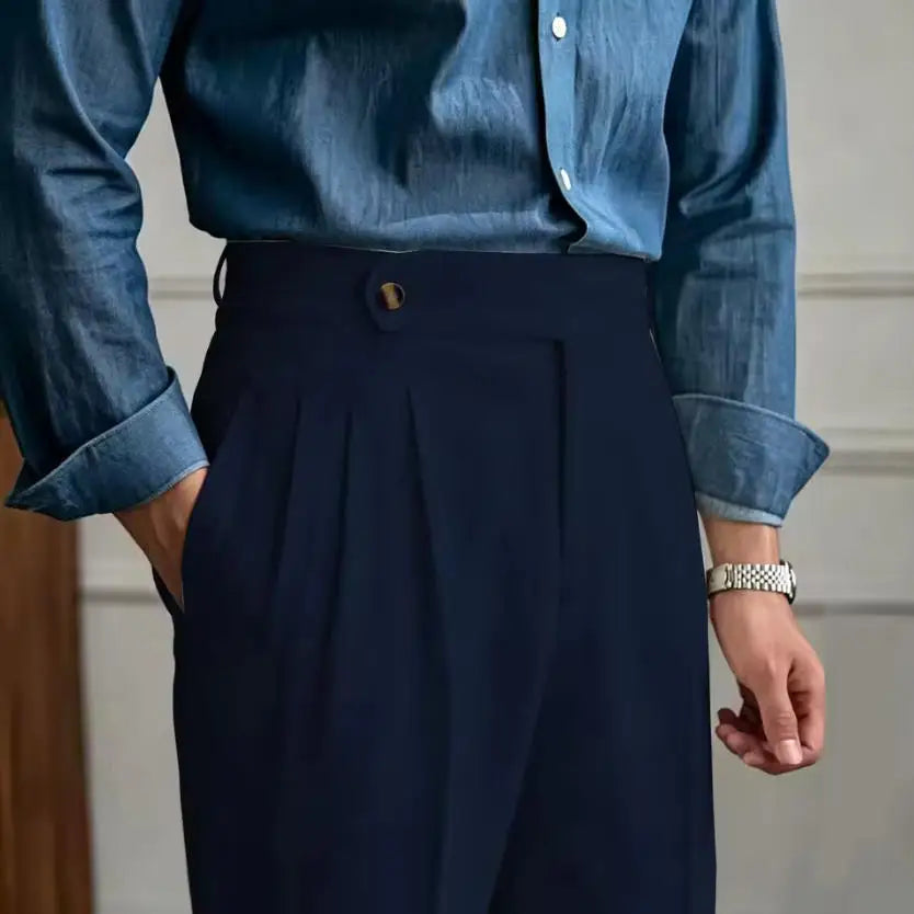 Classic Linen Men Suit Trousers Italian Naples Style Pleated Street Wear Summer Trendy High Waist Pants Male Business Office
