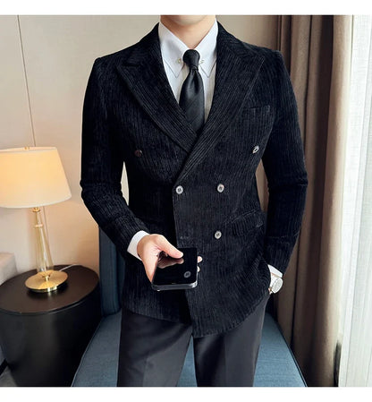 Autumn Winter New Men Corduroy Suit Jackets Double-Breasted Striped Slim Fit Casual Coats High Quality Formal Business Tailcoat