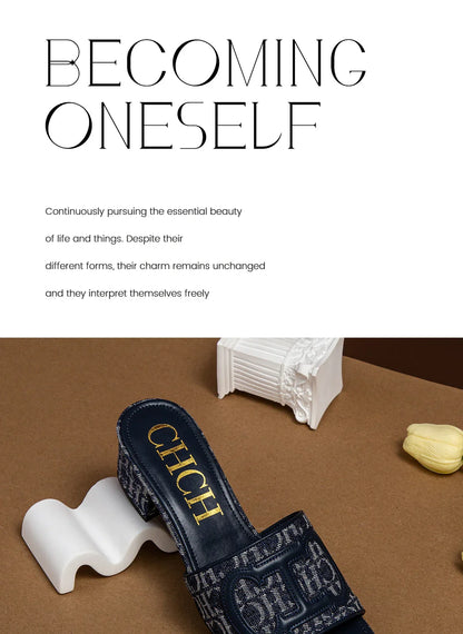 Middle heel square heel slippers fabric fashion casual shoes luxury brand slippers girls street commuter slippers