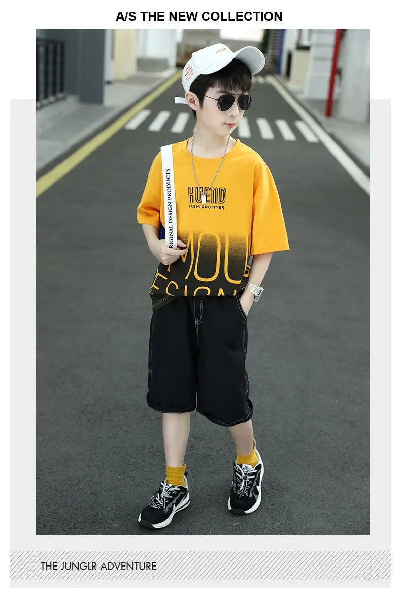 Summer Boys Cotton Contrast Alphabet t-Shirt Tops+Denim Shorts Pant School Kids Tracksuit Child 2PCS Outfit Workout Set 5-16 Yrs