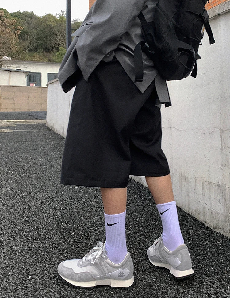 Spring Summer Loose Casual Soft Black Pleated Shorts for Men Mens with High Waist Short Straight Pants Clothes 2024