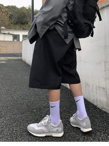 Spring Summer Loose Casual Soft Black Pleated Shorts for Men Mens with High Waist Short Straight Pants Clothes 2024