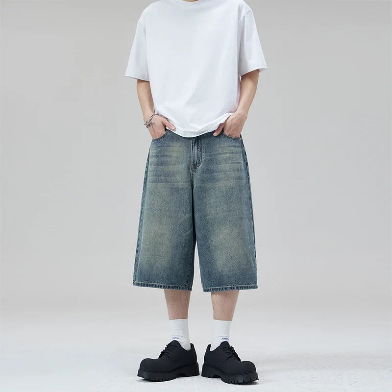 Summer New Fashion Denim Shorts Loose Straight Casual Vintage American Personality Jeans Streetwear Male Short Pants