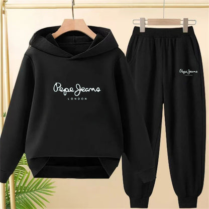 Boy Girls Children's Hoodies Suit Tops+Bottom Toddle Black Sweatshirr White Child 3-12 Year Pink Fashion Printing Coat Clothing