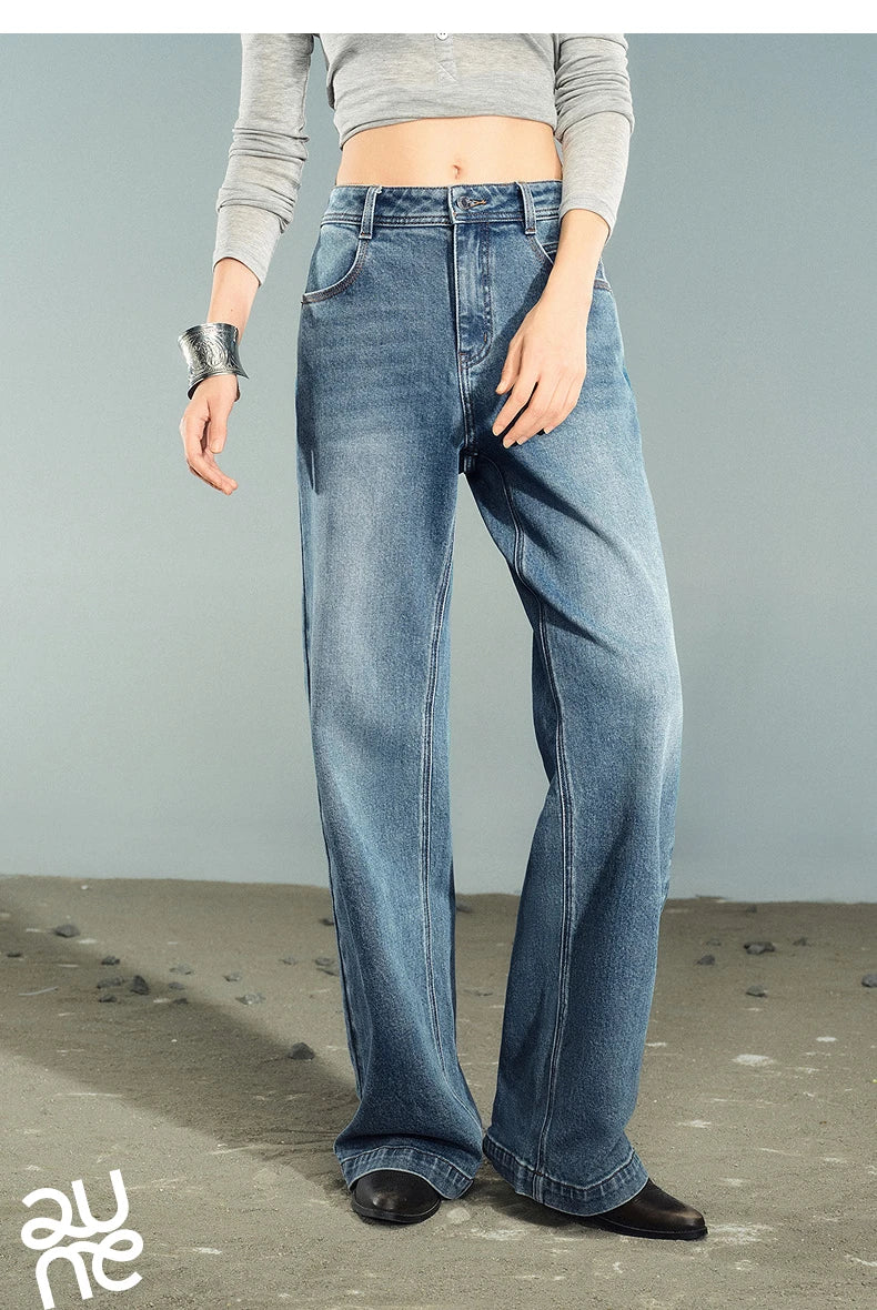 Women Denim Jeans 2025 Autumn New Lycra Stretch Washed Wide Leg Straight Long Pants