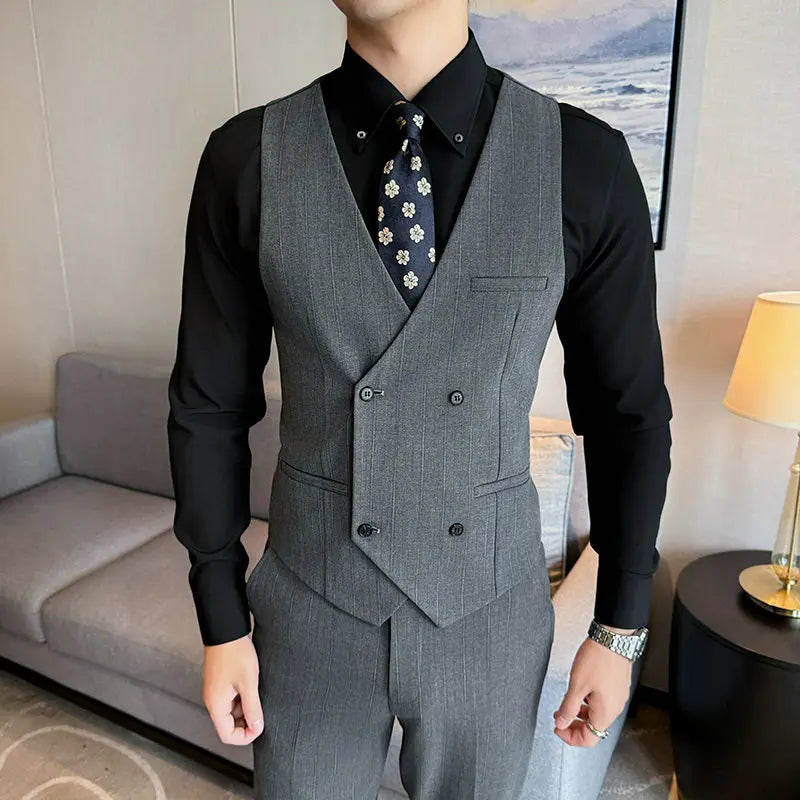 ( Vest + Pants) Men Double Breasted Striped Suit Vest 2 pieces Fashion Business Slim Fit Wedding Dress Sleeveless Vest Sets