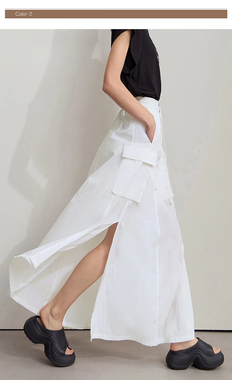 Vacation Long Skirt 2025 Summer Women Loose Sun Protection Office Lady Solid Pockets Elastic Waist Cord Slit Skirt 12542106