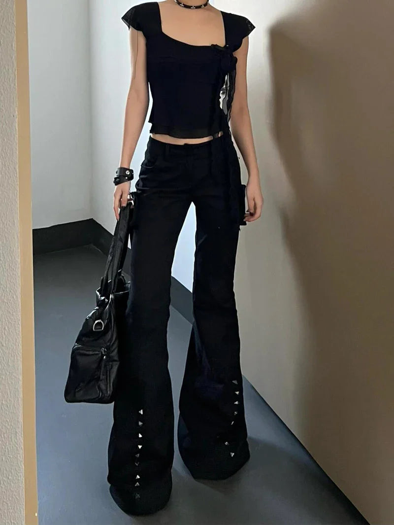 Hight Street Sheath High Waist Flared Jeans Black Kpop Retro Y2K Harajuku Pants Women's Vintage Slim 2000s Skinny Denim Trouser