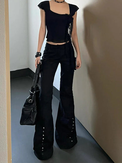 Hight Street Sheath High Waist Flared Jeans Black Kpop Retro Y2K Harajuku Pants Women's Vintage Slim 2000s Skinny Denim Trouser