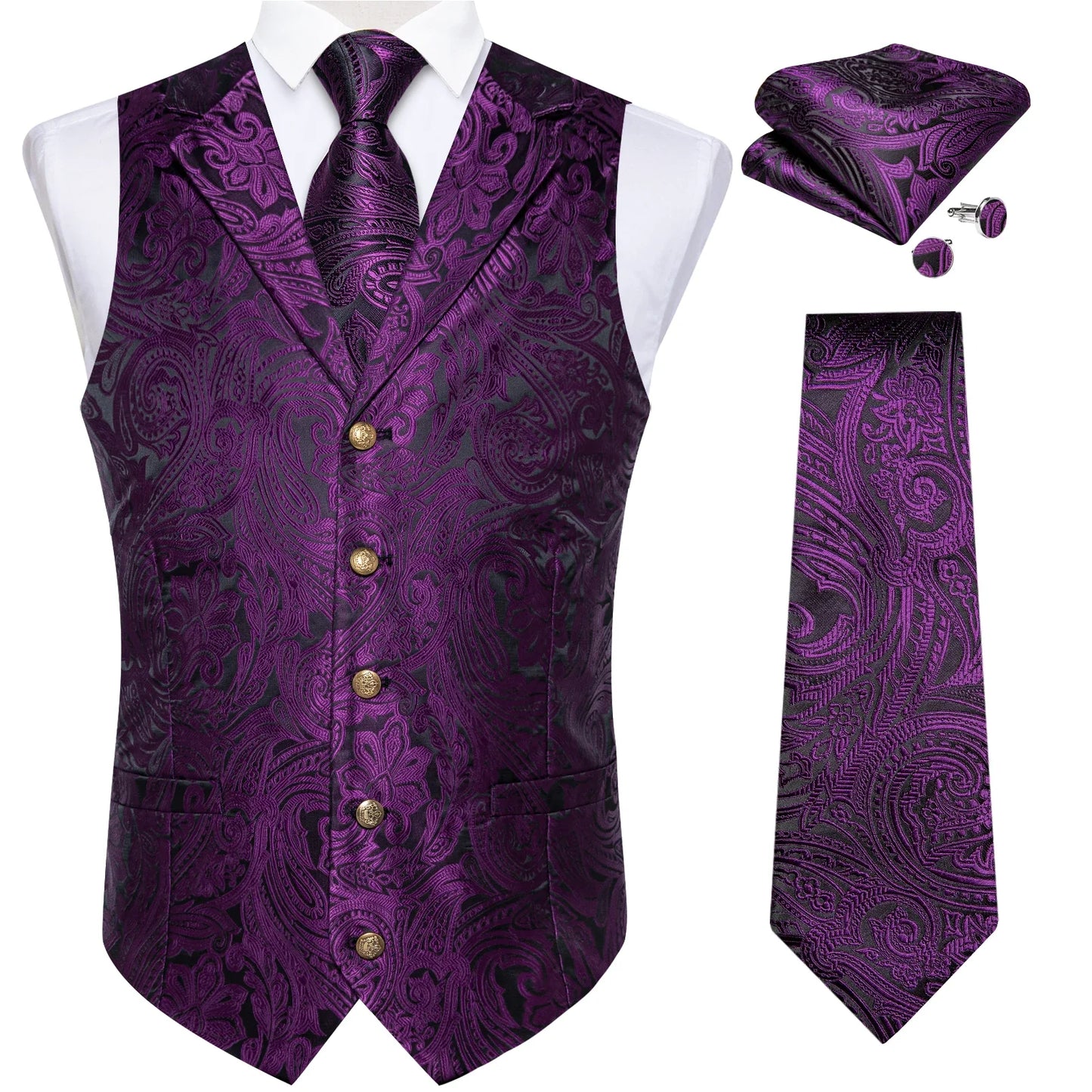 Men's Vest Tie Set Paisley Tuxedo Suit Waistcoat and Necktie Hankerchief Cufflinks for Wedding Party Groom Clothing