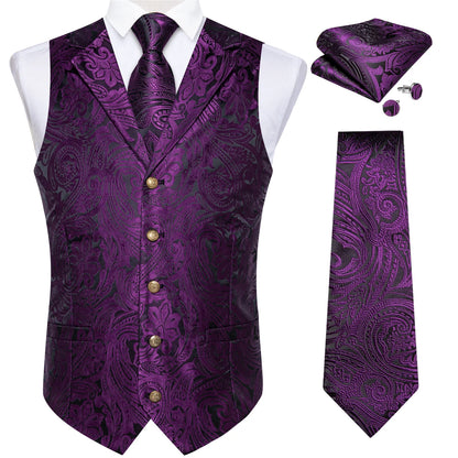 Men's Vest Tie Set Paisley Tuxedo Suit Waistcoat and Necktie Hankerchief Cufflinks for Wedding Party Groom Clothing