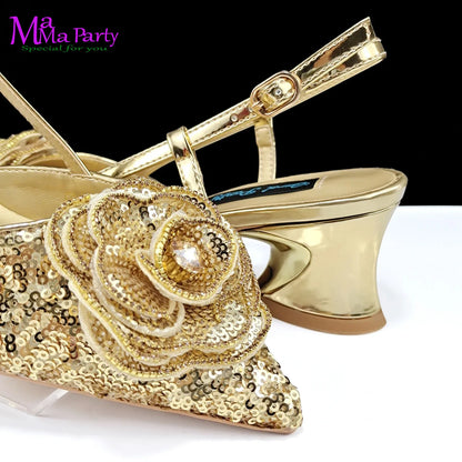 2024 Summer New Design Specials Italian Women Shoes and Bag Set in Gold Color Comfortable Heels with Appliques for Party