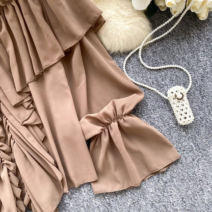 Chic Ruffles Splice Chiffon Blouse V Neck Flared Sleeve Loose Tops 2025 Fashion Solid Fairycore Vacation Women Shirt