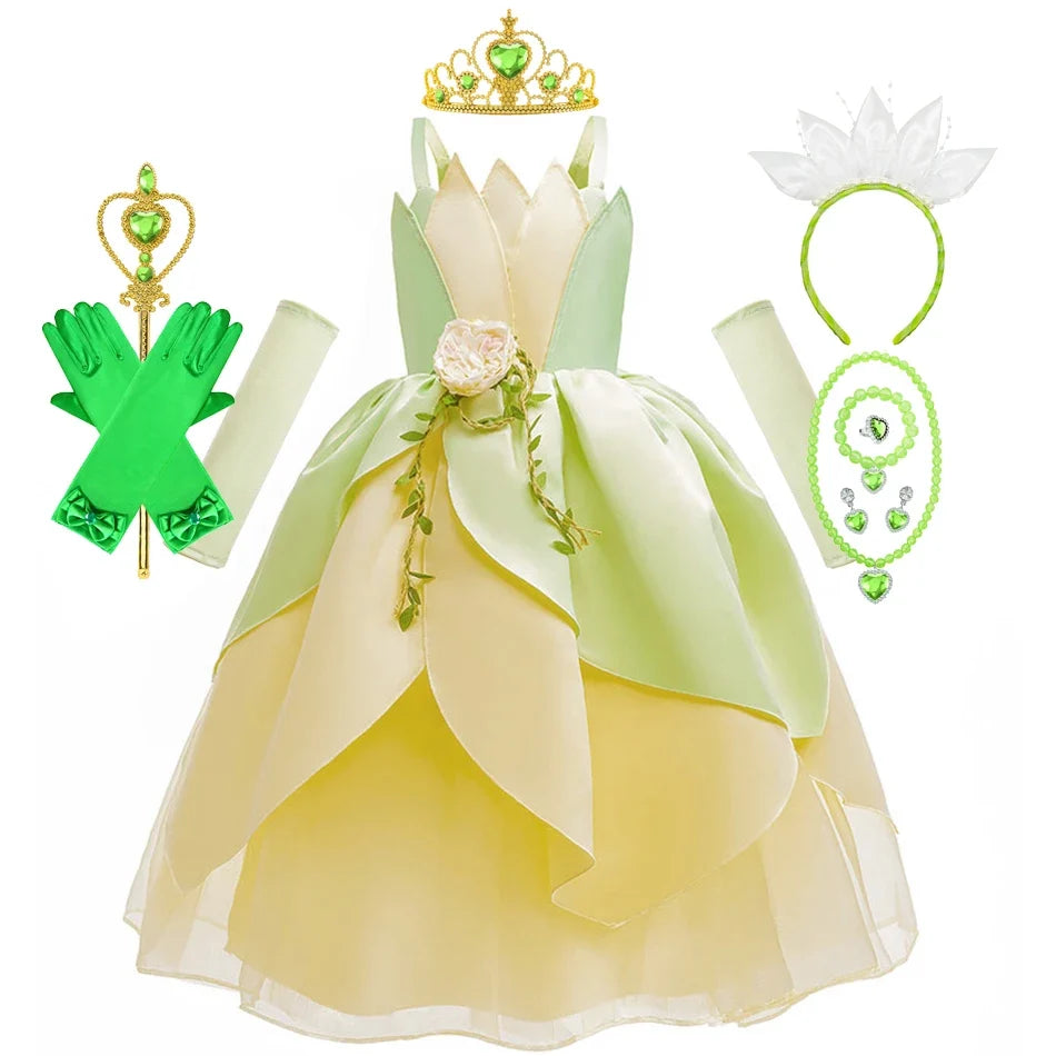 Tiana Fancy Girls Princess Costume Kid Carnival Dress Cosplay Floral LED Light Up Clothing Halloween Girls Christmas Party 2-11T