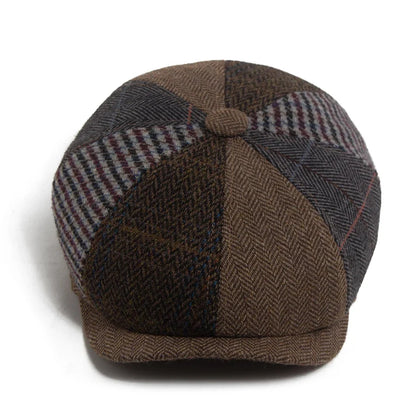 Vintage Newsboy Cap Men Herringbone Plaid Patchwork Pattern Women Beret Autumn Winter Warm Male Flat Caps Octagonal Hat Elastic